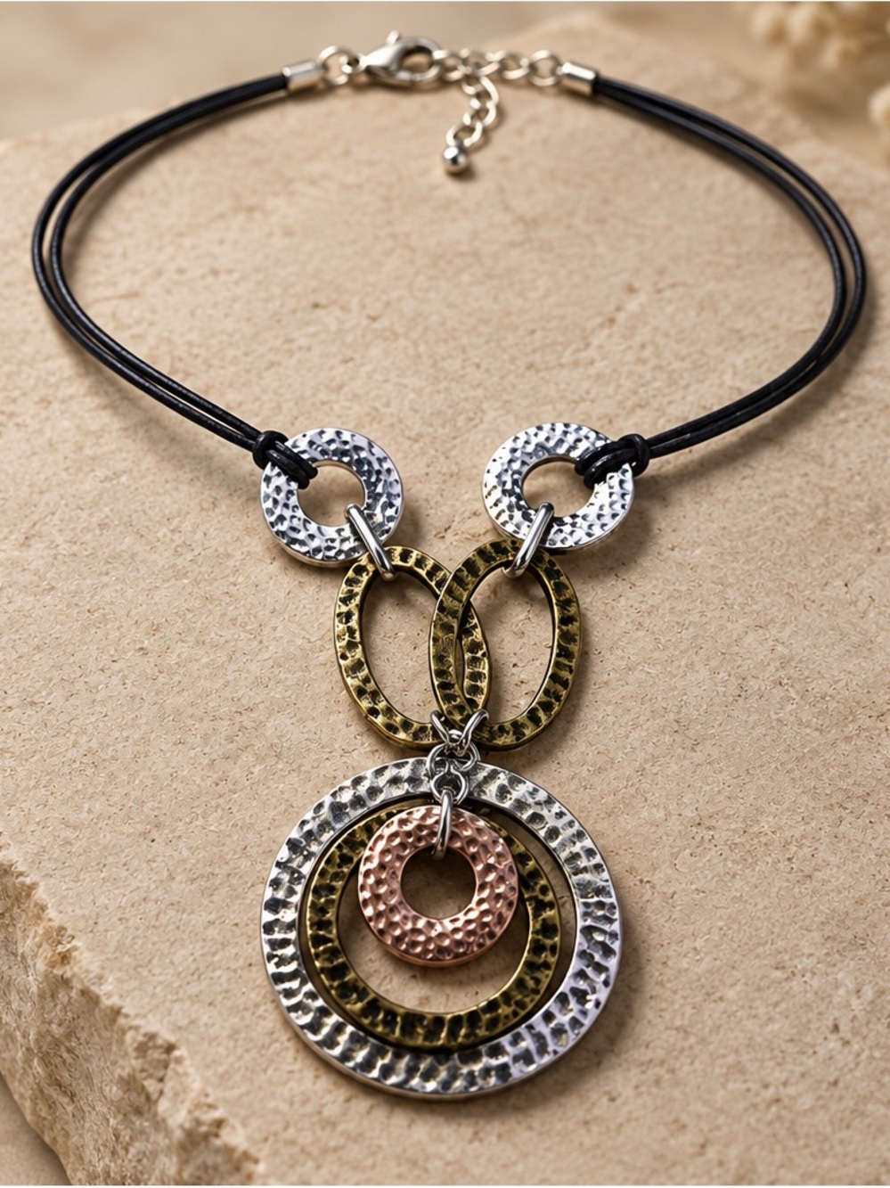 Avon Mixed-Metal Hammered Circle Pendant Necklace - Black Cord